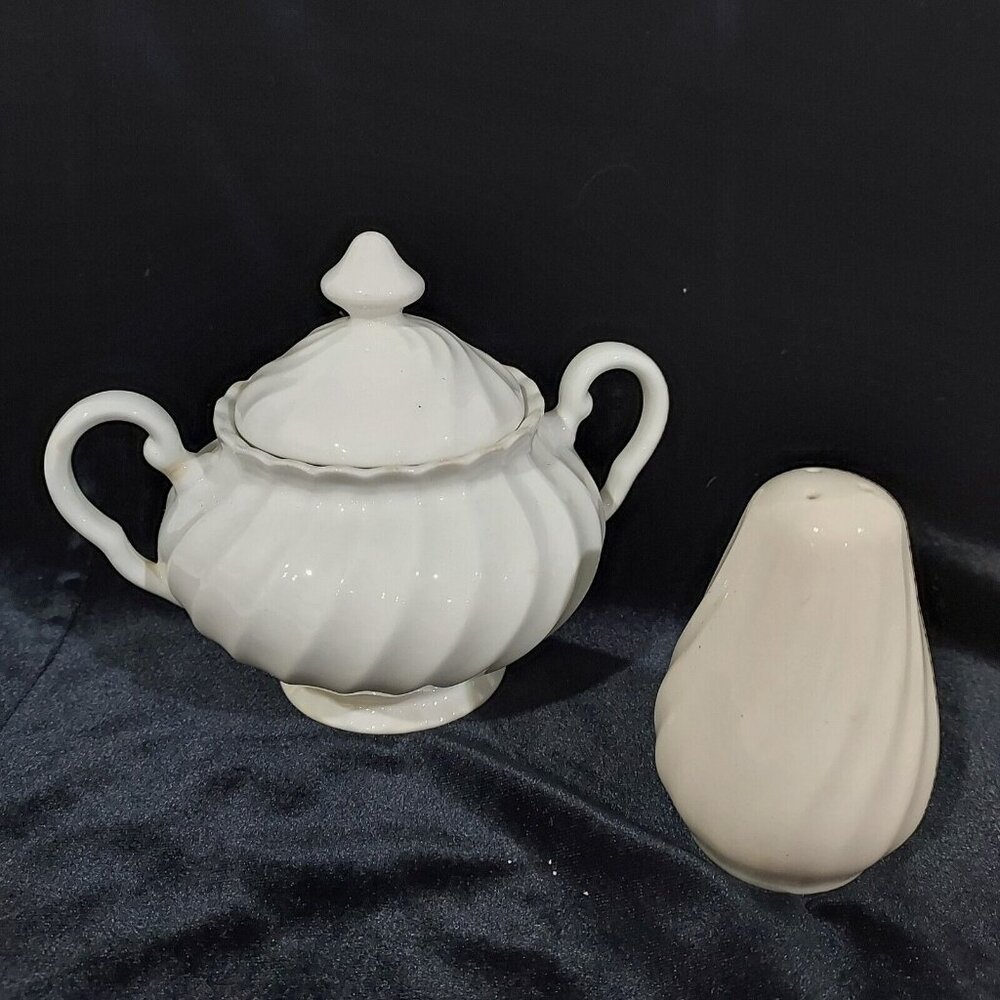 Ironstone Johnson Brothers Regency White Swirl Sugar Bowl & Salt Shaker